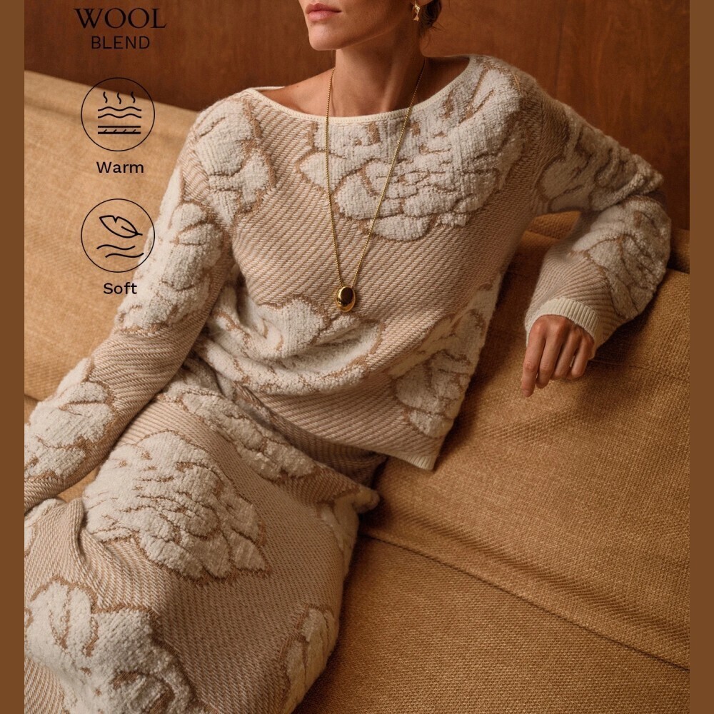 Tan Cream Floral Jacquard Knit Boat Neck Sweater Skirt Set